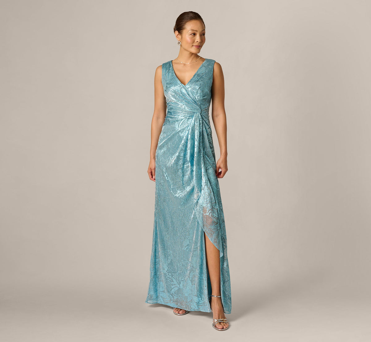 Crinkle Metallic Floral Draped Gown - Blue | Adrianna Papell