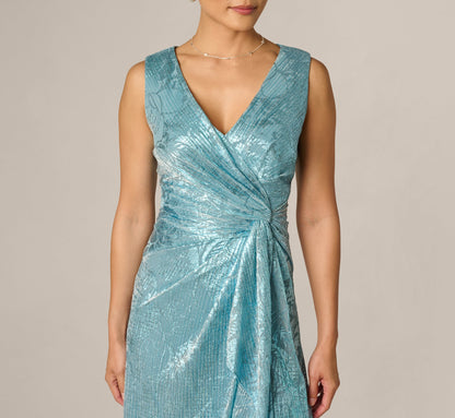 Crinkle Metallic Floral Draped Gown - Blue | Adrianna Papell