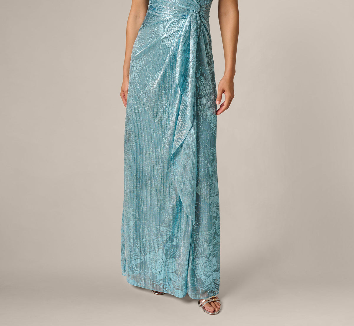Crinkle Metallic Floral Draped Gown - Blue | Adrianna Papell
