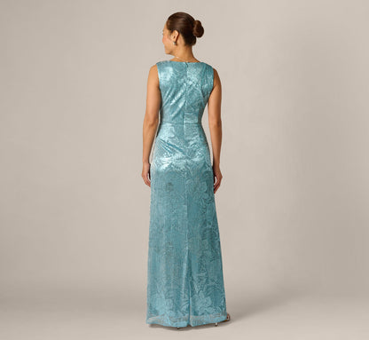 Crinkle Metallic Floral Draped Gown - Blue | Adrianna Papell