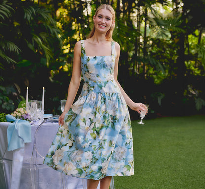 Square Neck Drop Waist Floral Jacquard Dress - Blue Multi | Adrianna Papell