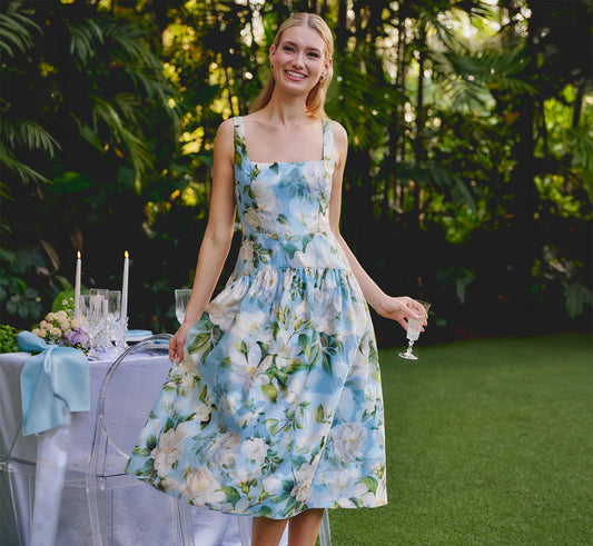 Square Neck Drop Waist Floral Jacquard Dress - Blue Multi | Adrianna Papell