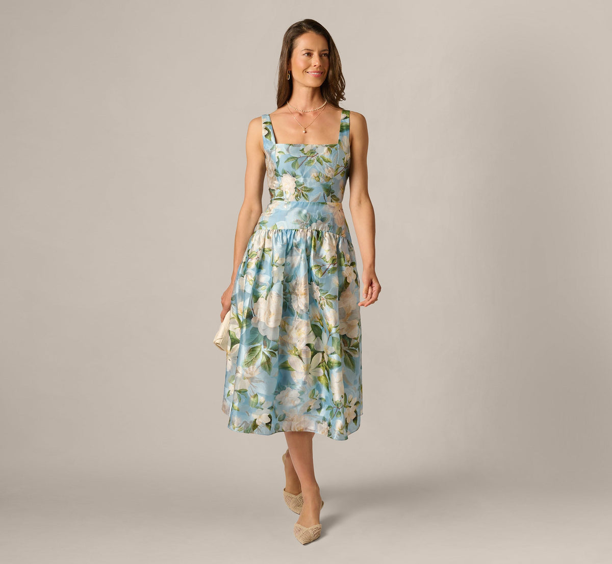 Square Neck Drop Waist Floral Jacquard Dress - Blue Multi | Adrianna Papell