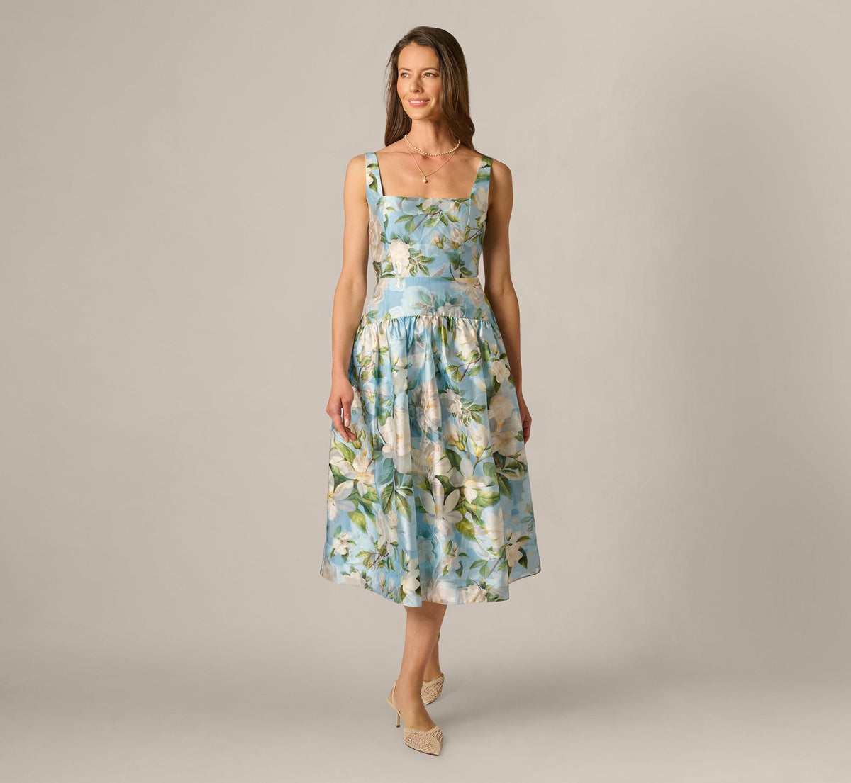 Square Neck Drop Waist Floral Jacquard Dress - Blue Multi | Adrianna Papell