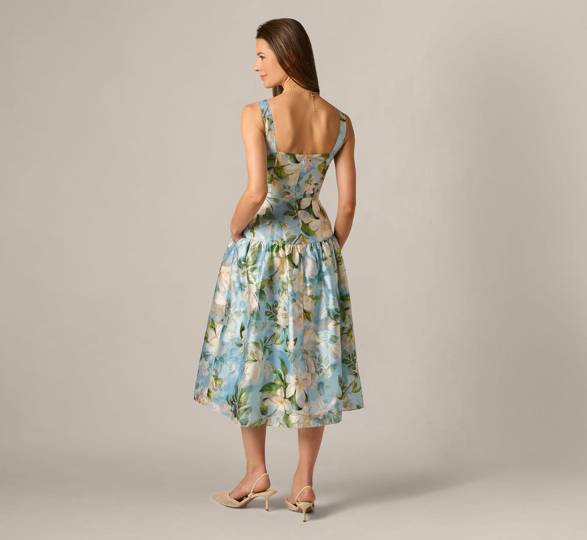 Square Neck Drop Waist Floral Jacquard Dress - Blue Multi | Adrianna Papell