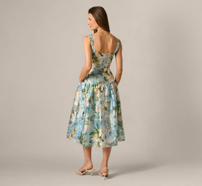 Square Neck Drop Waist Floral Jacquard Dress - Blue Multi | Adrianna Papell