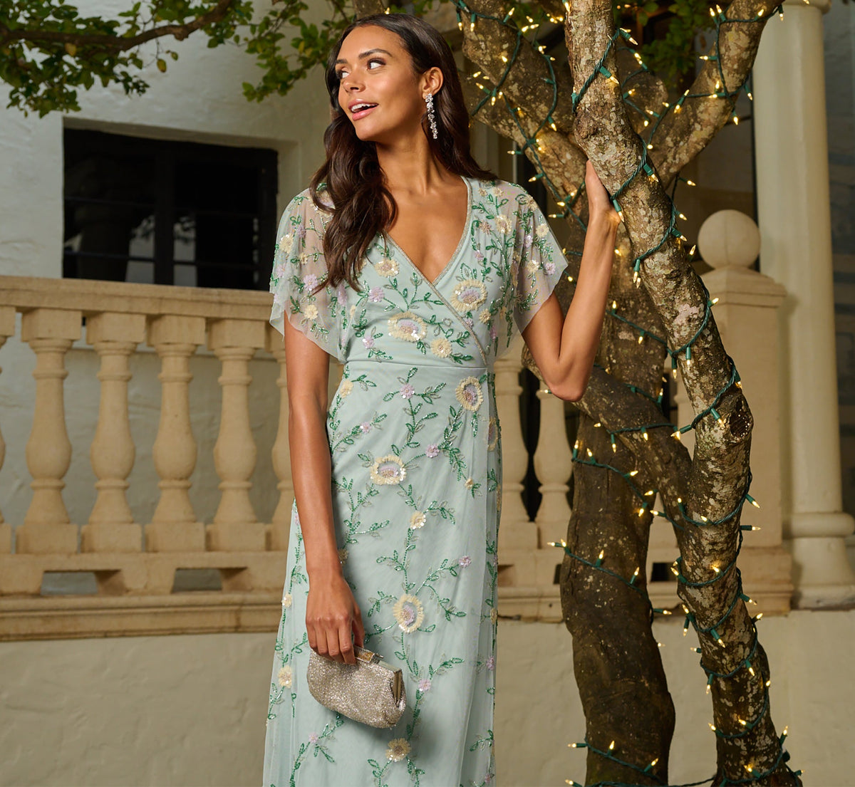 Flutter Sleeve Beaded Wrap Dress - Aqua Dust | Adrianna Papell