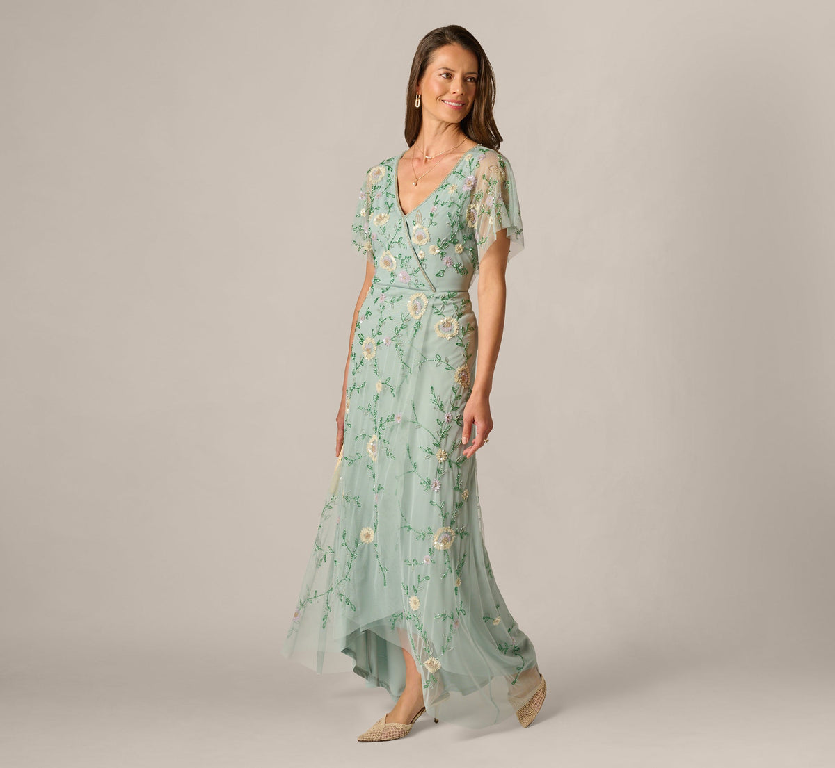 Flutter Sleeve Beaded Wrap Dress - Aqua Dust | Adrianna Papell