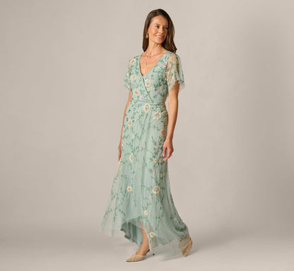 Flutter Sleeve Beaded Wrap Dress - Aqua Dust | Adrianna Papell