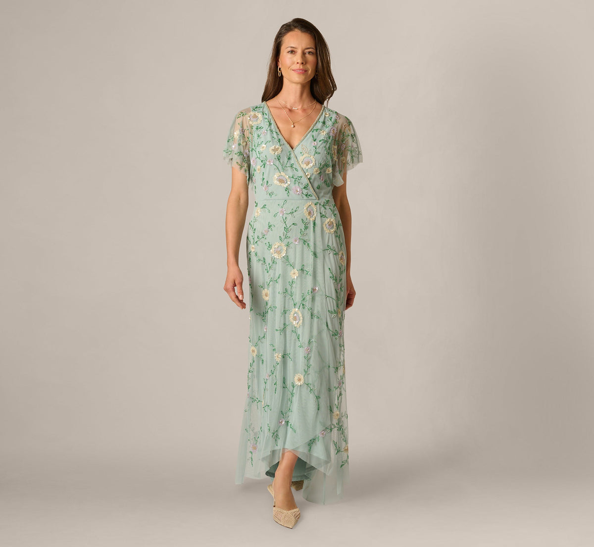 Flutter Sleeve Beaded Wrap Dress - Aqua Dust | Adrianna Papell