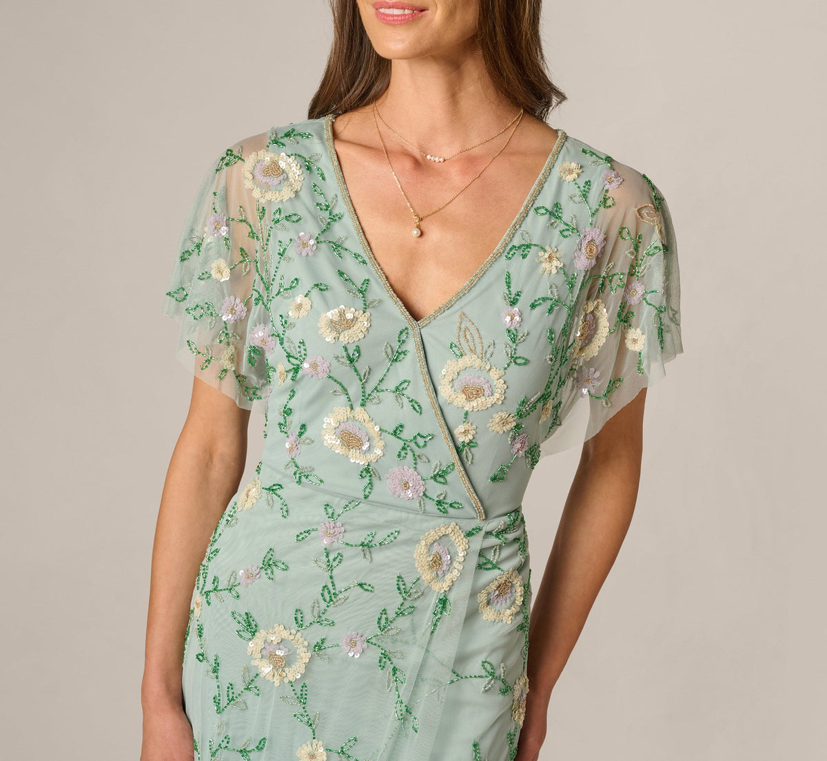 Flutter Sleeve Beaded Wrap Dress - Aqua Dust | Adrianna Papell
