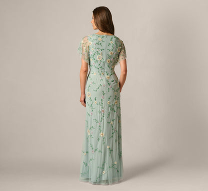 Flutter Sleeve Beaded Wrap Dress - Aqua Dust | Adrianna Papell