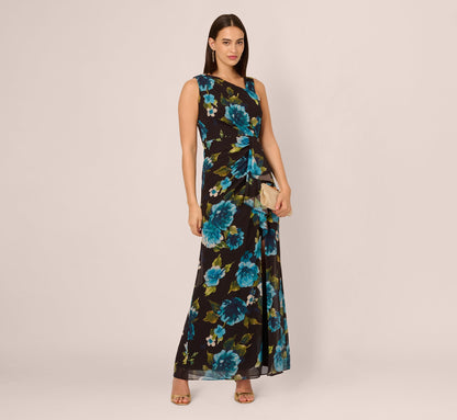 Asymmetrical Draped Floral Chiffon Gown - Black Multi | Adrianna Papell