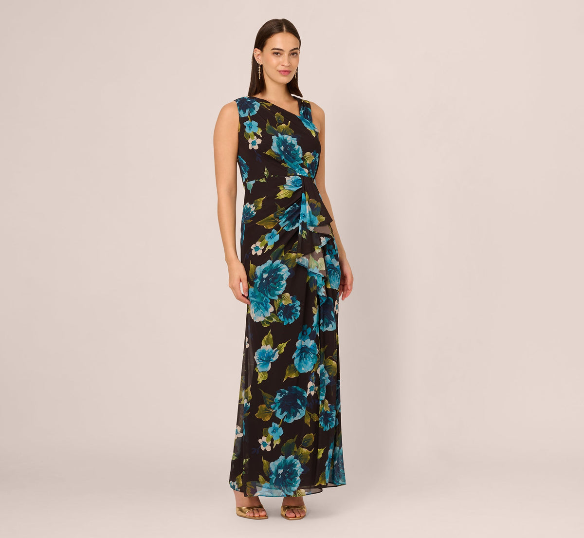 Asymmetrical Draped Floral Chiffon Gown - Black Multi | Adrianna Papell