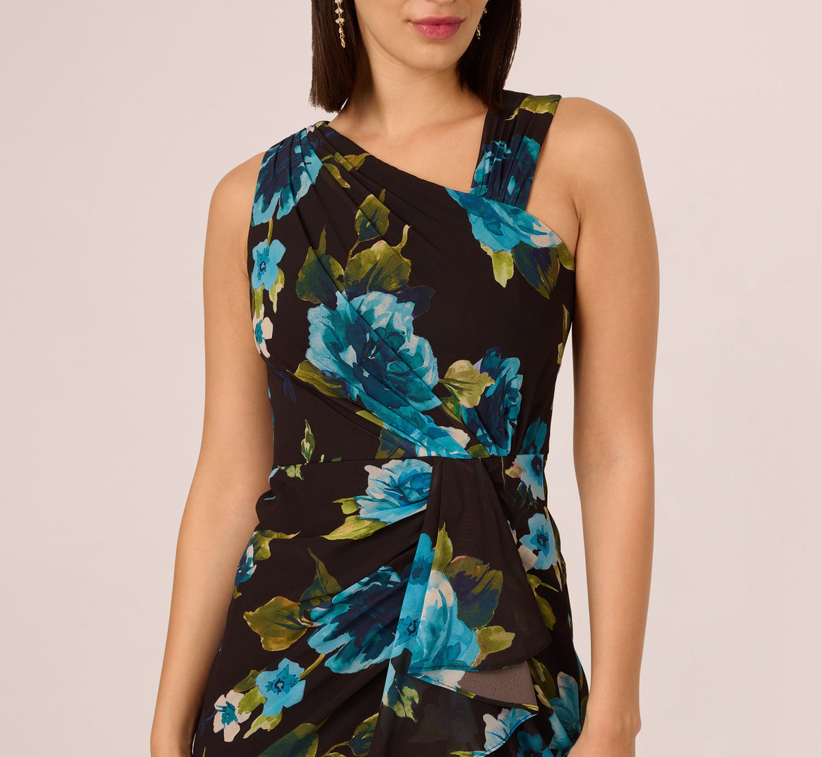 Asymmetrical Draped Floral Chiffon Gown - Black Multi | Adrianna Papell