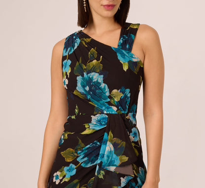 Asymmetrical Draped Floral Chiffon Gown - Black Multi | Adrianna Papell