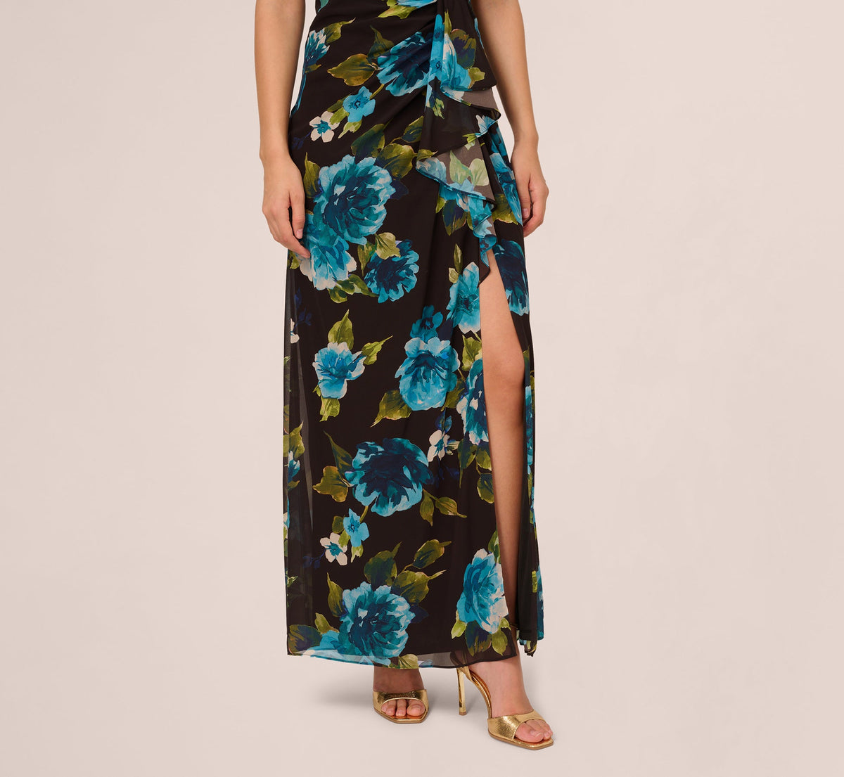 Asymmetrical Draped Floral Chiffon Gown - Black Multi | Adrianna Papell