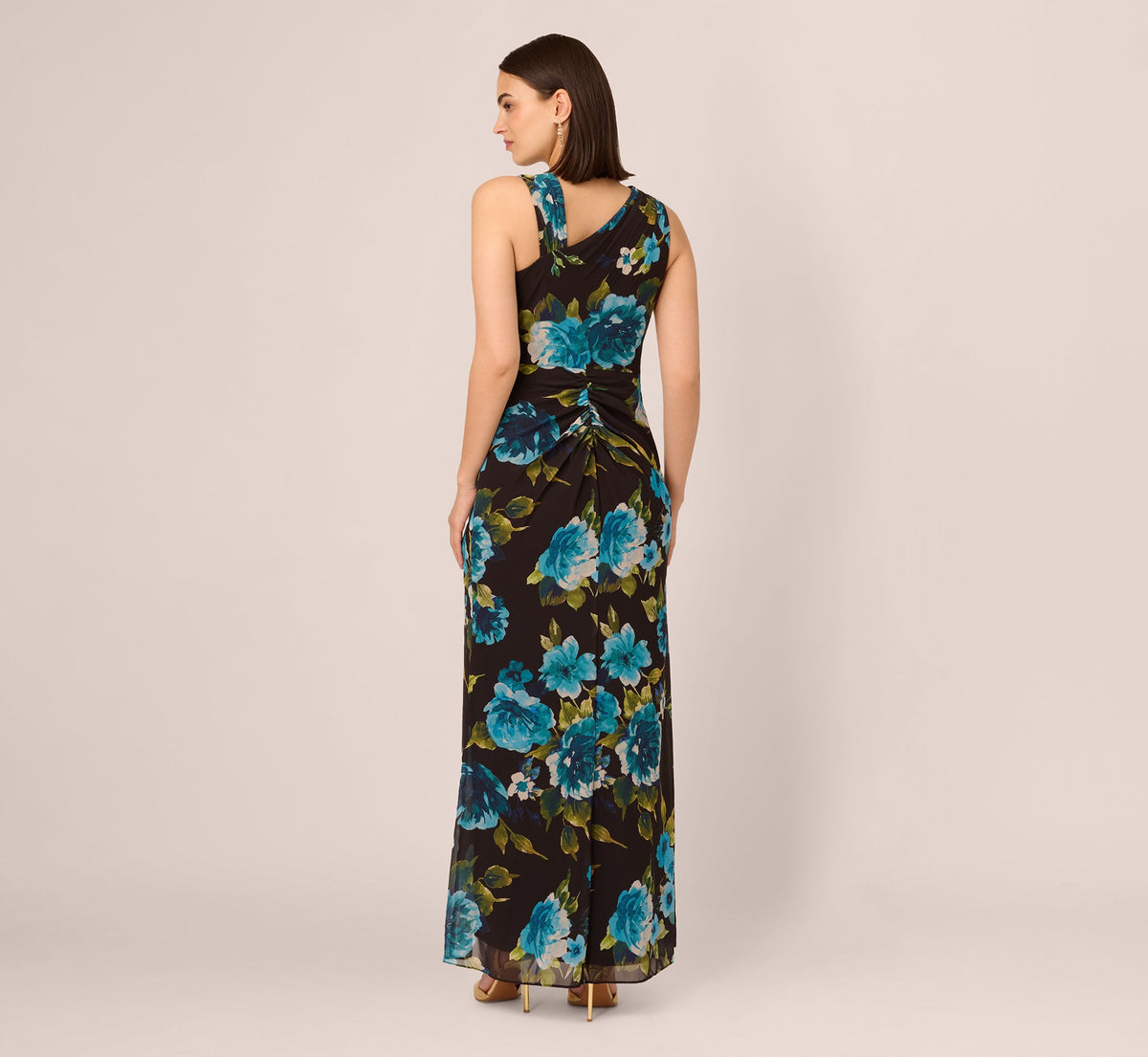 Asymmetrical Draped Floral Chiffon Gown - Black Multi | Adrianna Papell