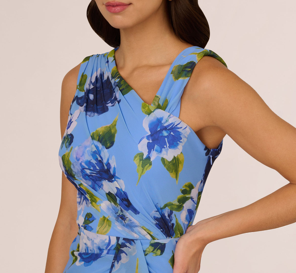 Asymmetrical Draped Floral Chiffon Gown - Blue Multi | Adrianna Papell