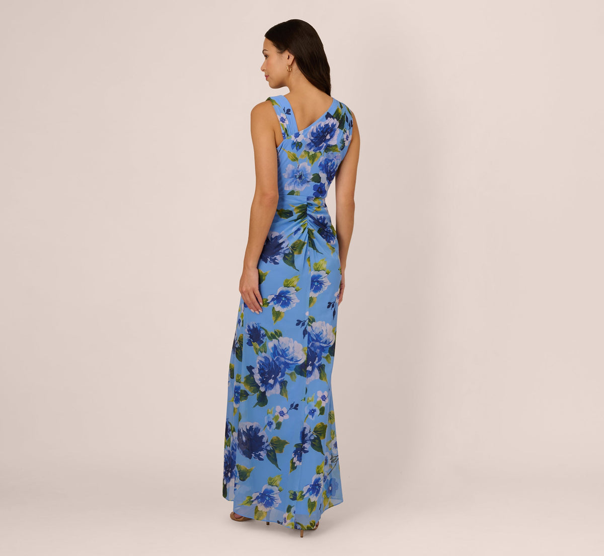 Asymmetrical Draped Floral Chiffon Gown - Blue Multi | Adrianna Papell