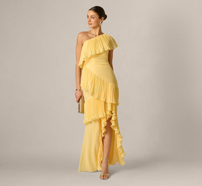 One Shoulder Pleated Flounce High Low Gown - Butter Yellow | Adrianna Papell