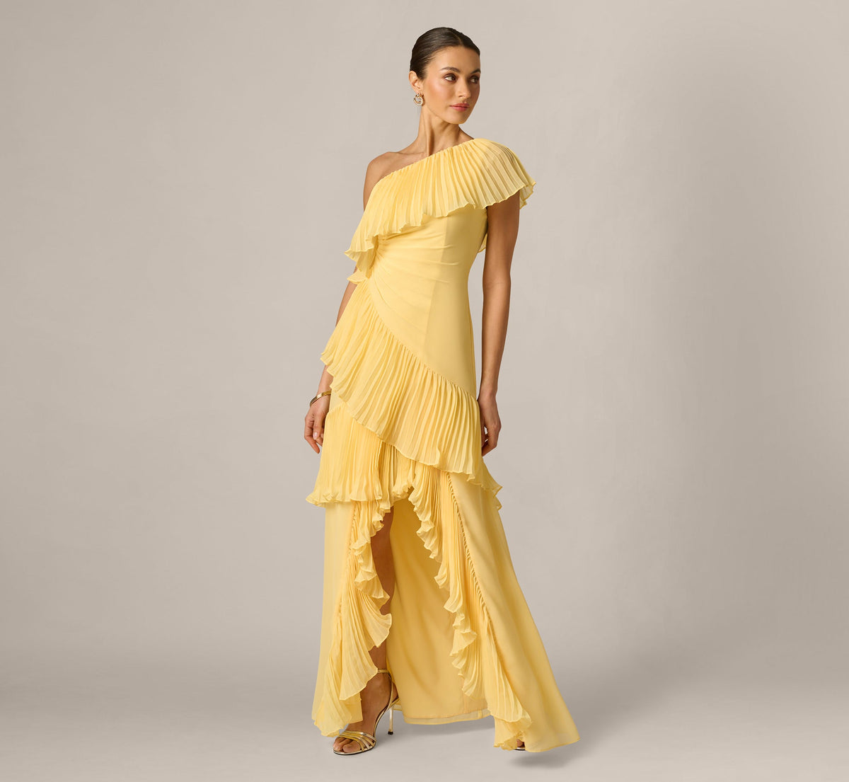 One Shoulder Pleated Flounce High Low Gown - Butter Yellow | Adrianna Papell