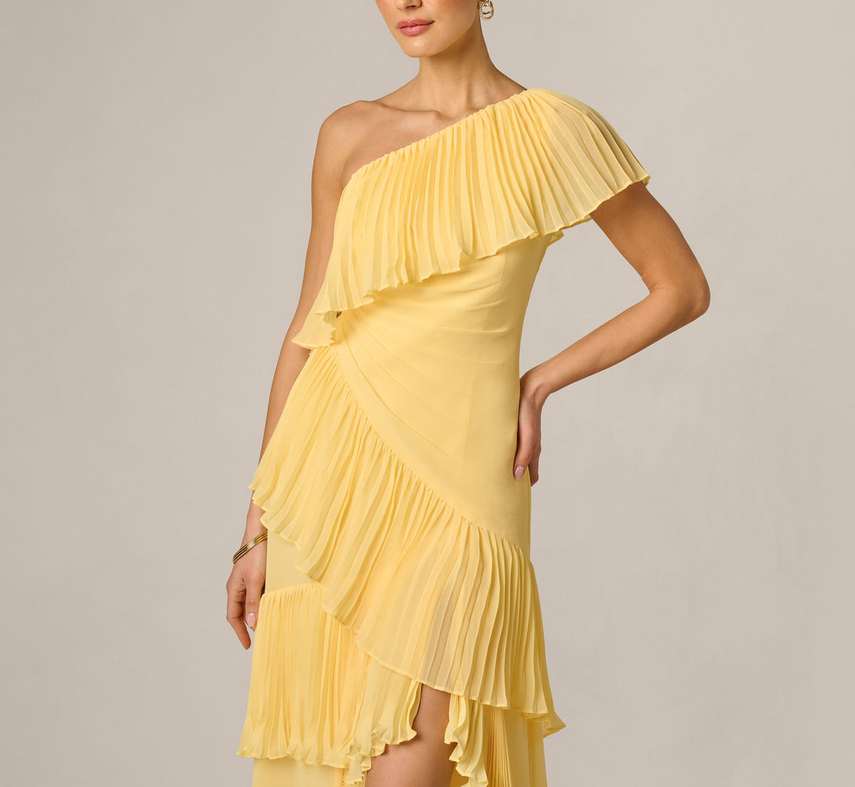 One Shoulder Pleated Flounce High Low Gown - Butter Yellow | Adrianna Papell