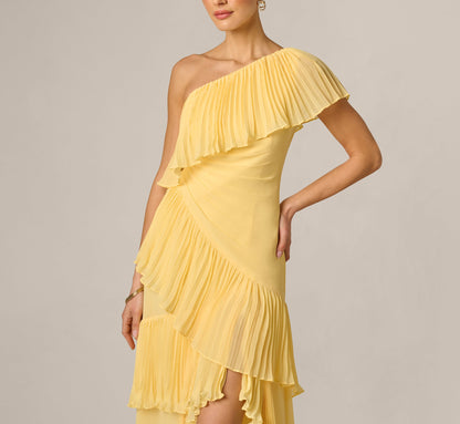 One Shoulder Pleated Flounce High Low Gown - Butter Yellow | Adrianna Papell