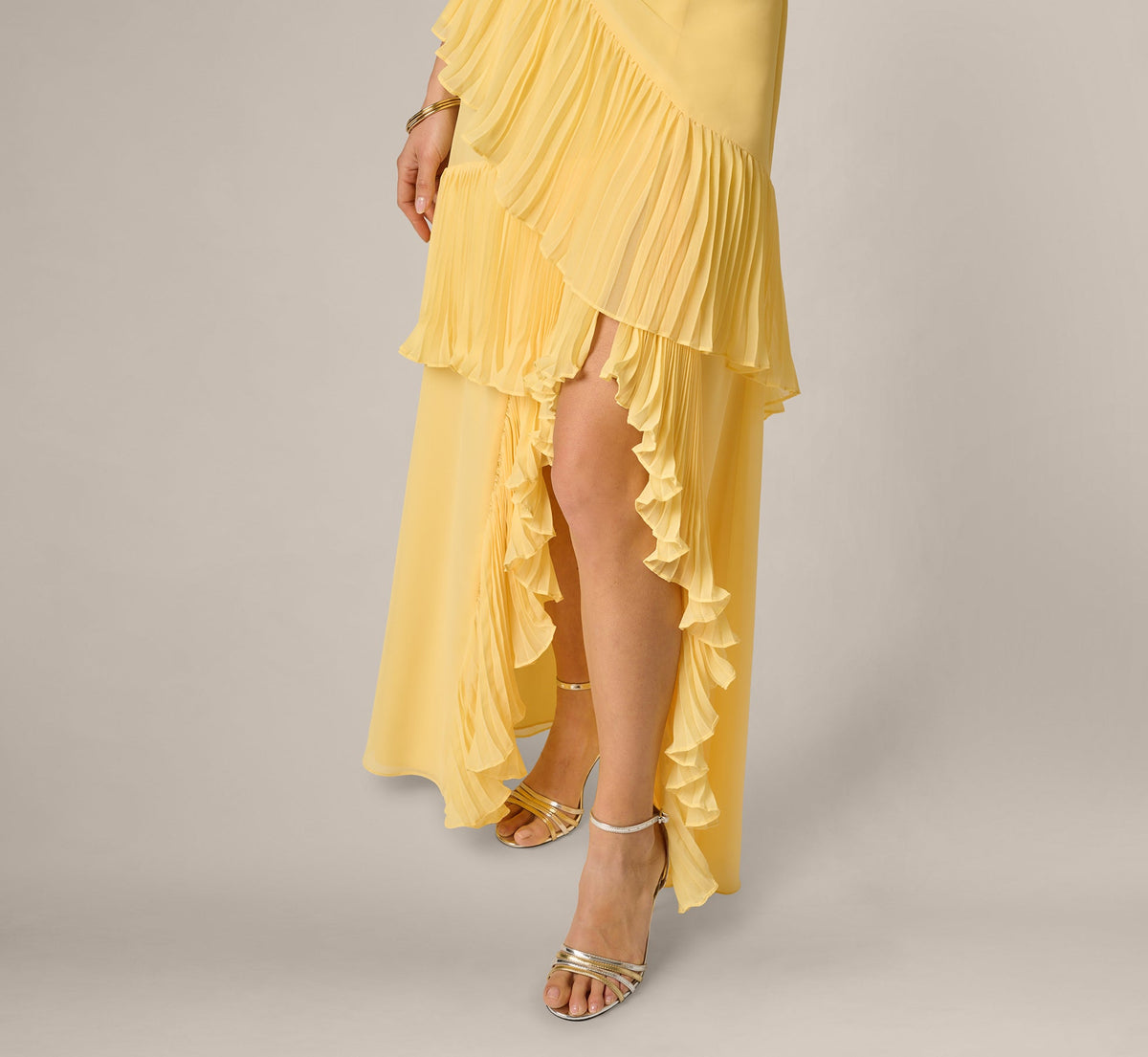 One Shoulder Pleated Flounce High Low Gown - Butter Yellow | Adrianna Papell
