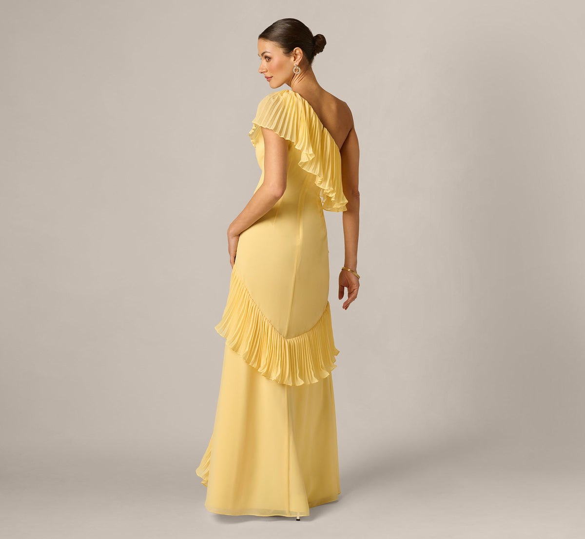 One Shoulder Pleated Flounce High Low Gown - Butter Yellow | Adrianna Papell