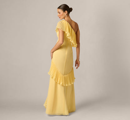 One Shoulder Pleated Flounce High Low Gown - Butter Yellow | Adrianna Papell