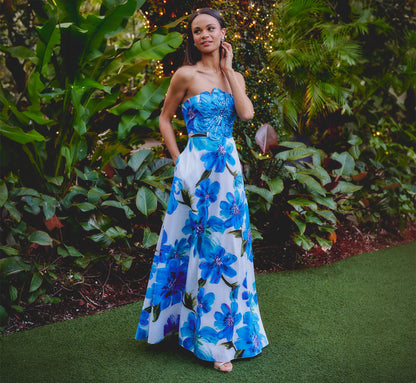 Strapless 3D Floral Beaded Dupioni Gown - Ivory Blue Multi | Adrianna Papell