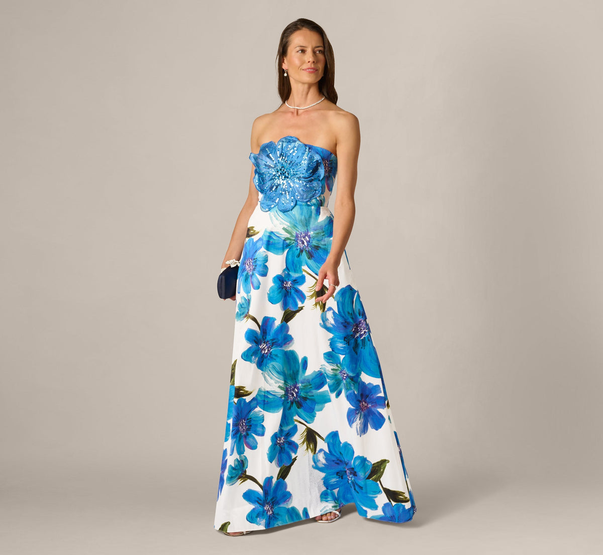 Strapless 3D Floral Beaded Dupioni Gown - Ivory Blue Multi | Adrianna Papell