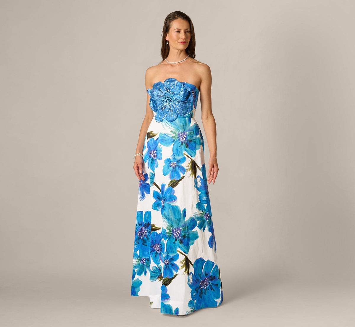 Strapless 3D Floral Beaded Dupioni Gown - Ivory Blue Multi | Adrianna Papell