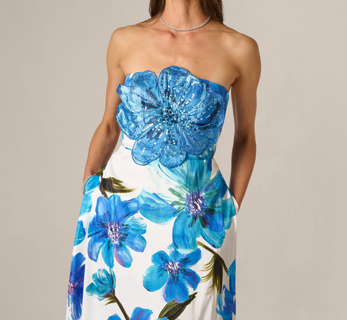 Strapless 3D Floral Beaded Dupioni Gown - Ivory Blue Multi | Adrianna Papell