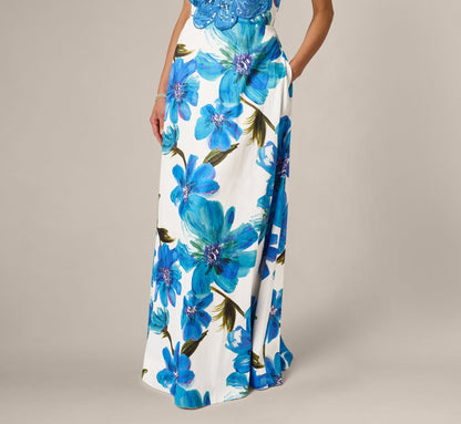 Strapless 3D Floral Beaded Dupioni Gown - Ivory Blue Multi | Adrianna Papell