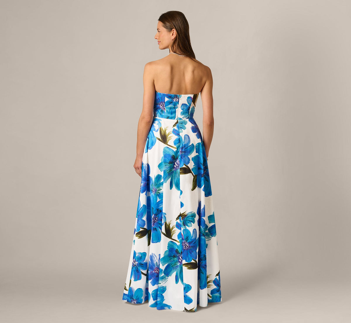 Strapless 3D Floral Beaded Dupioni Gown - Ivory Blue Multi | Adrianna Papell