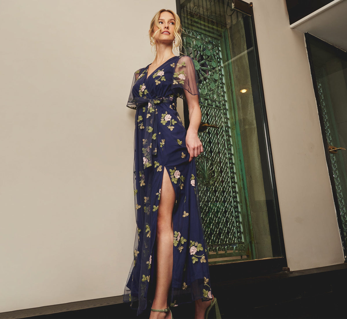 Floral Embroidered Maxi Dress With Sheer Flutter Sleeves - Navy Multi | Adrianna Papell