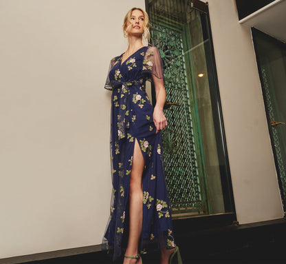 Floral Embroidered Maxi Dress With Sheer Flutter Sleeves - Navy Multi | Adrianna Papell