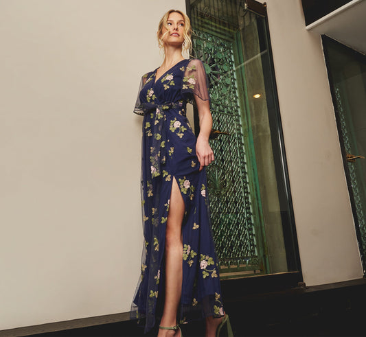 Floral Embroidered Maxi Dress With Sheer Flutter Sleeves - Navy Multi | Adrianna Papell