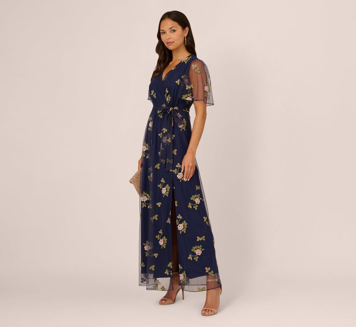 Floral Embroidered Maxi Dress With Sheer Flutter Sleeves - Navy Multi | Adrianna Papell