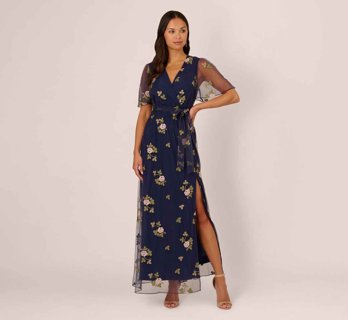 Floral Embroidered Maxi Dress With Sheer Flutter Sleeves - Navy Multi | Adrianna Papell