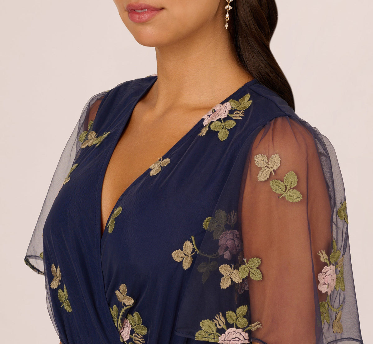 Floral Embroidered Maxi Dress With Sheer Flutter Sleeves - Navy Multi | Adrianna Papell