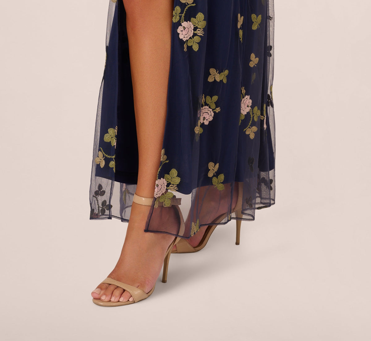 Floral Embroidered Maxi Dress With Sheer Flutter Sleeves - Navy Multi | Adrianna Papell