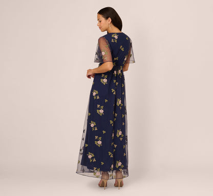 Floral Embroidered Maxi Dress With Sheer Flutter Sleeves - Navy Multi | Adrianna Papell