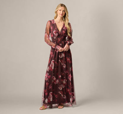 Bishop Sleeve Floral Mesh Maxi Dress - Brown Multi | Adrianna Papell