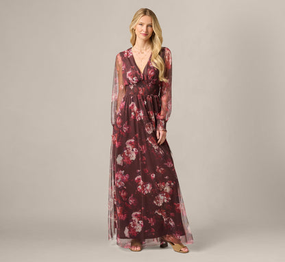 Bishop Sleeve Floral Mesh Maxi Dress - Brown Multi | Adrianna Papell