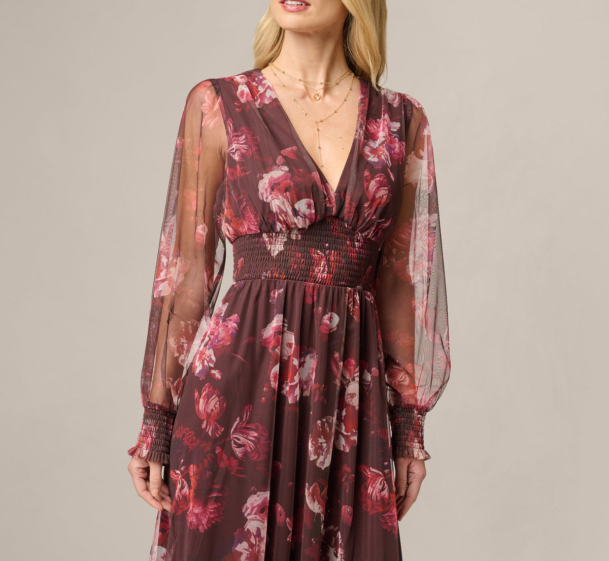 Bishop Sleeve Floral Mesh Maxi Dress - Brown Multi | Adrianna Papell