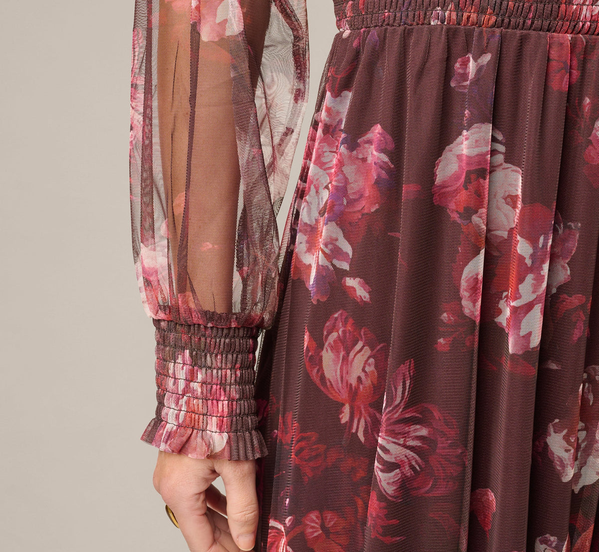 Bishop Sleeve Floral Mesh Maxi Dress - Brown Multi | Adrianna Papell