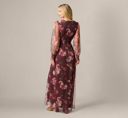 Bishop Sleeve Floral Mesh Maxi Dress - Brown Multi | Adrianna Papell